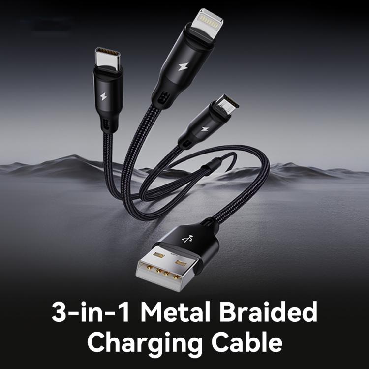 ROCK RCB0790 1.2m 3-in-1 USB to 8ピン + Type-C + マイクロUSB メタル編組充電ケーブル, RCB0790