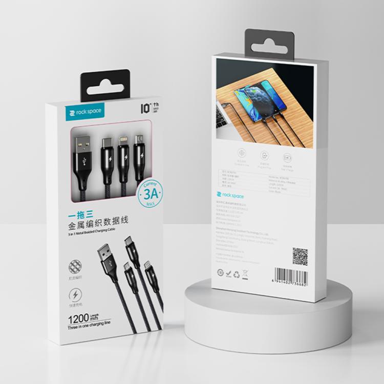 ROCK RCB0790 1.2m 3-in-1 USB to 8ピン + Type-C + マイクロUSB メタル編組充電ケーブル, RCB0790