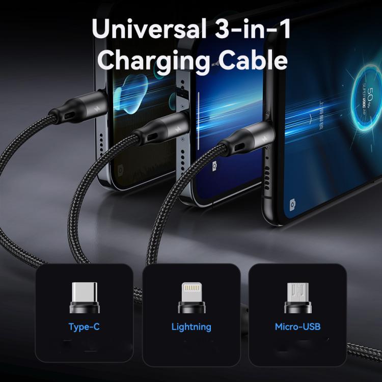 ROCK RCB0790 1.2m 3-in-1 USB to 8ピン + Type-C + マイクロUSB メタル編組充電ケーブル, RCB0790
