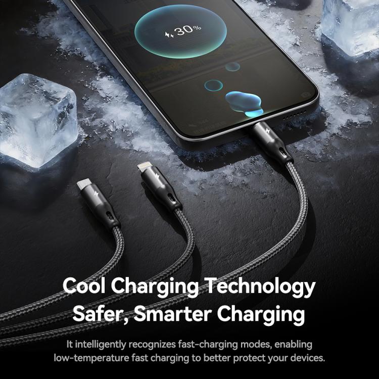 ROCK RCB0790 1.2m 3-in-1 USB to 8ピン + Type-C + マイクロUSB メタル編組充電ケーブル, RCB0790