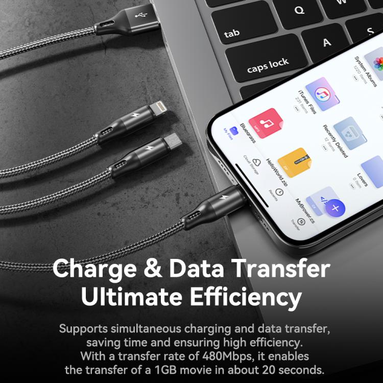 ROCK RCB0790 1.2m 3-in-1 USB to 8ピン + Type-C + マイクロUSB メタル編組充電ケーブル, RCB0790
