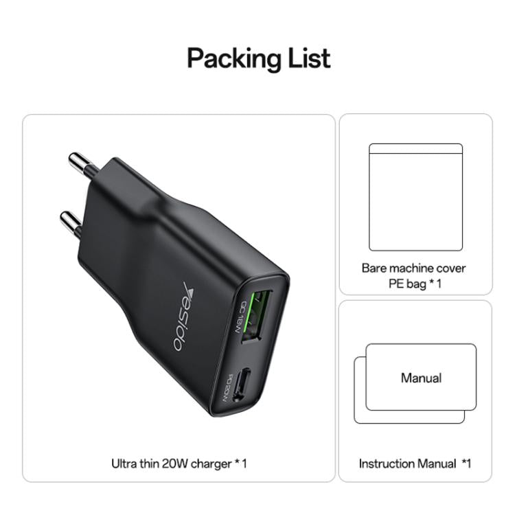 Yesido YC112 超薄型 20W デュアルポート PD QC急速充電器, YC112