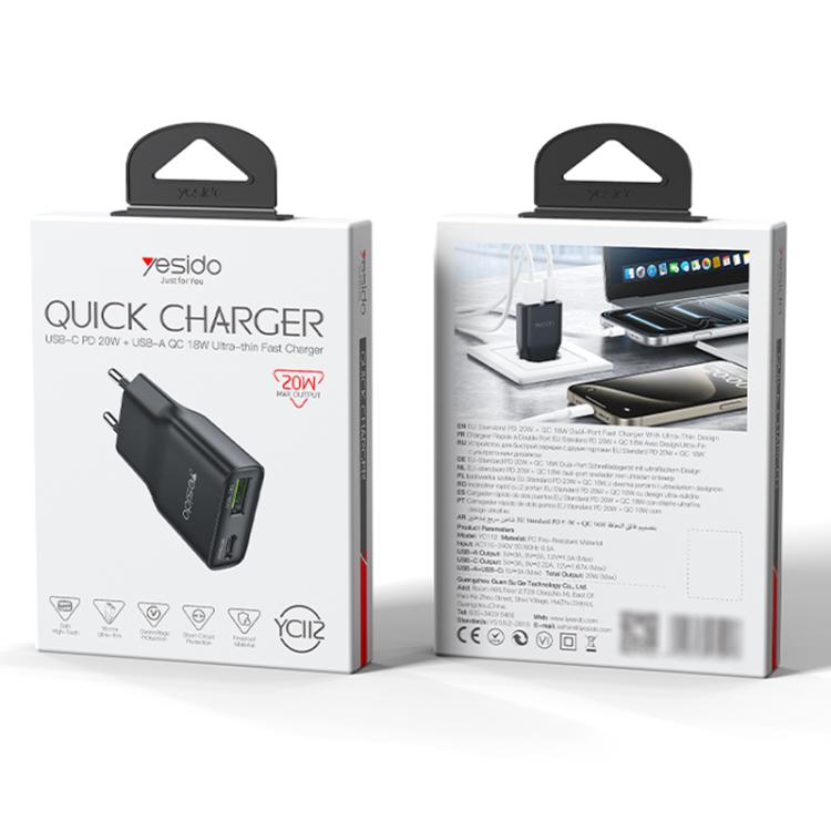 Yesido YC112 超薄型 20W デュアルポート PD QC急速充電器, YC112