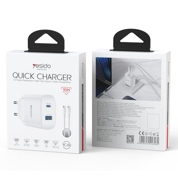 Yesido PD45W USB & Type-C デュアルインターフェース急速充電器セット EUプラグ、UKプラグ、USプラグ