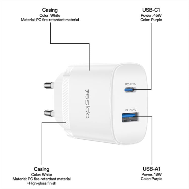 Yesido PD45W USB & Type-C デュアルインターフェース急速充電器セット EUプラグ、UKプラグ、USプラグ