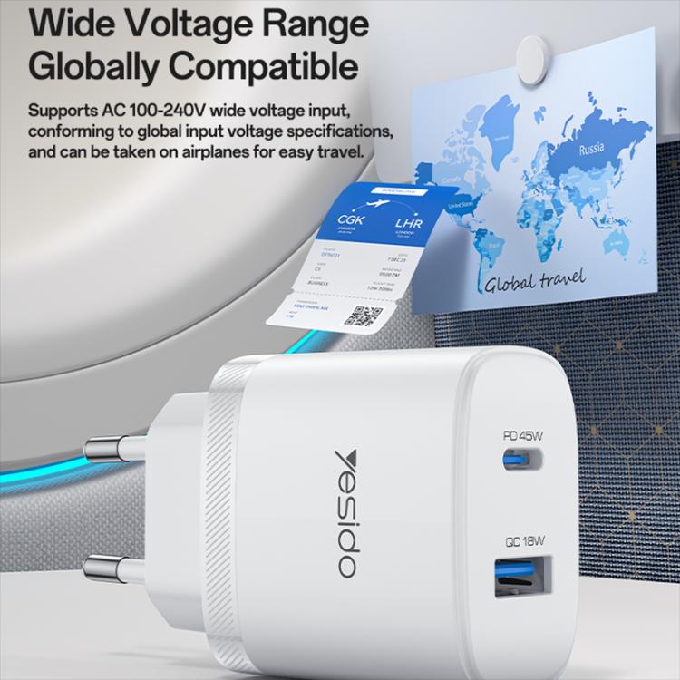 Yesido PD45W USB & Type-C デュアルインターフェース急速充電器セット EUプラグ、UKプラグ、USプラグ