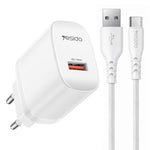 Yesido 18W USBシングルインターフェース充電器セット USBからType-Cケーブル付き、EUプラグ、UKプラグ、USプラグ