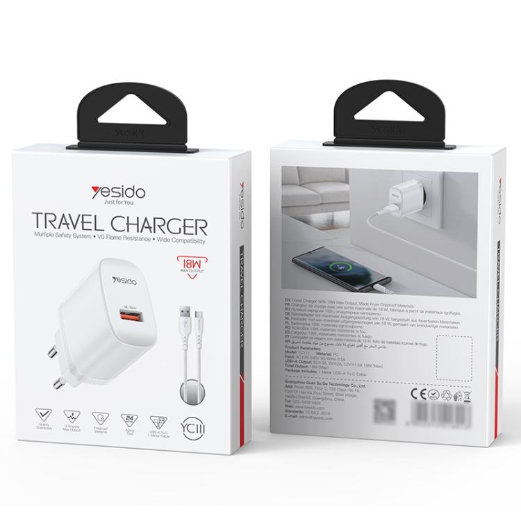 Yesido 18W USBシングルインターフェース充電器セット USBからType-Cケーブル付き、EUプラグ、UKプラグ、USプラグ