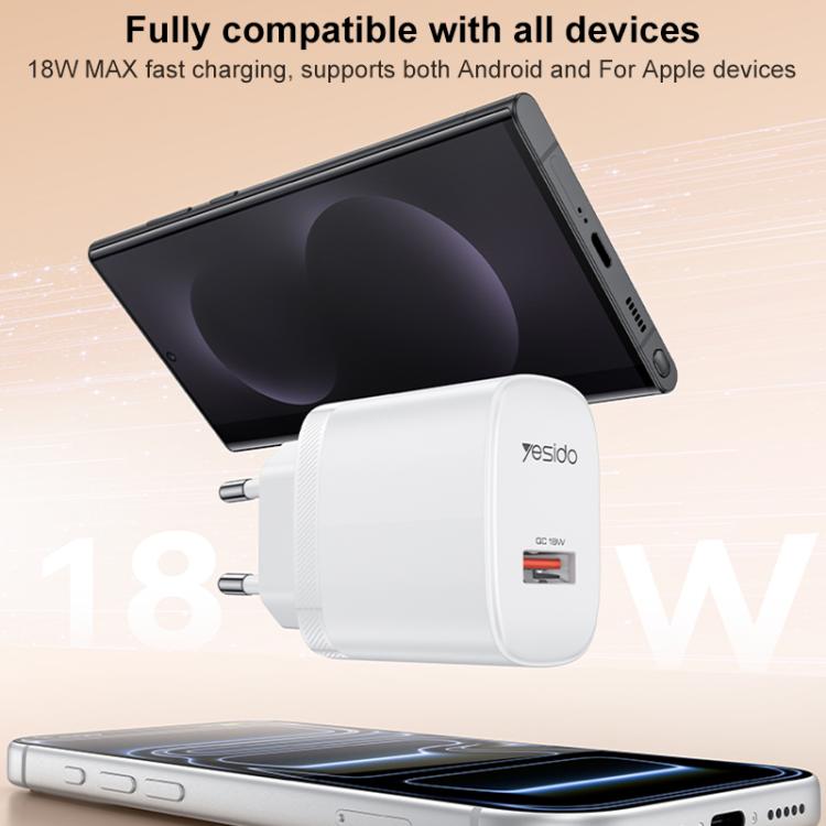 Yesido 18W USBシングルインターフェース充電器セット USBからType-Cケーブル付き、EUプラグ、UKプラグ、USプラグ