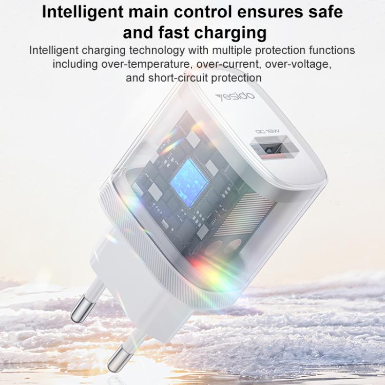 Yesido 18W USBシングルインターフェース充電器セット USBからType-Cケーブル付き、EUプラグ、UKプラグ、USプラグ