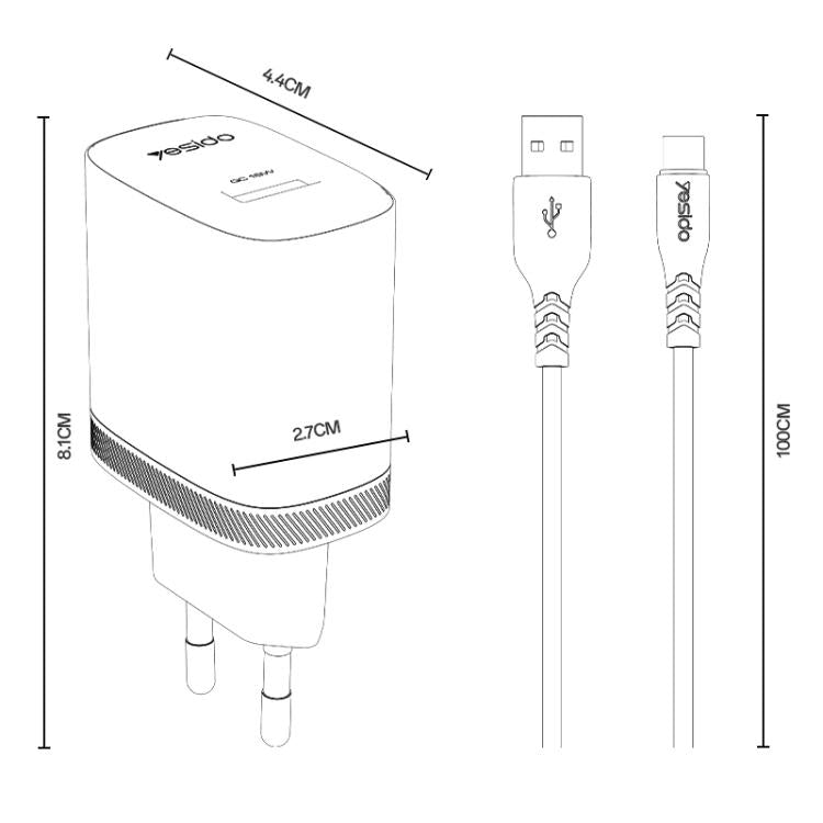 Yesido 18W USBシングルインターフェース充電器セット USBからType-Cケーブル付き、EUプラグ、UKプラグ、USプラグ