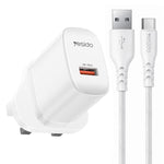Yesido 18W USBシングルインターフェース充電器セット USBからType-Cケーブル付き、EUプラグ、UKプラグ、USプラグ