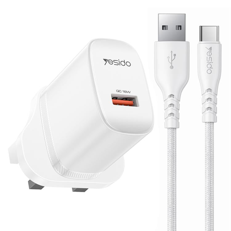 Yesido 18W USBシングルインターフェース充電器セット USBからType-Cケーブル付き、EUプラグ、UKプラグ、USプラグ