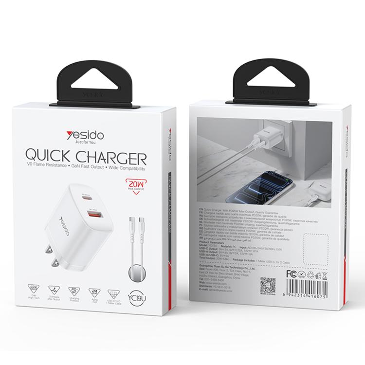 Yesido YC19U PD20W USB-C / Type-CとQC18W USB-Aデュアルポート充電器セット Type-CからType-Cケーブル付き、YC19U