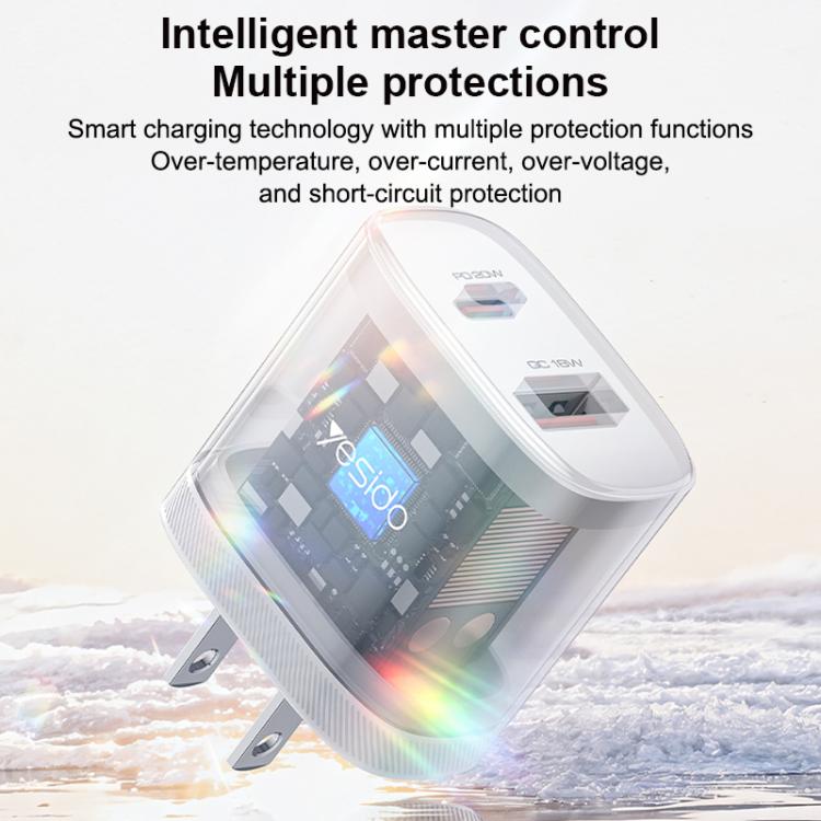 Yesido YC19U PD20W USB-C / Type-CとQC18W USB-Aデュアルポート充電器セット Type-CからType-Cケーブル付き、YC19U