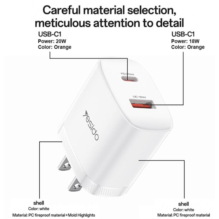 Yesido YC19U PD20W USB-C / Type-CとQC18W USB-Aデュアルポート充電器セット Type-CからType-Cケーブル付き、YC19U