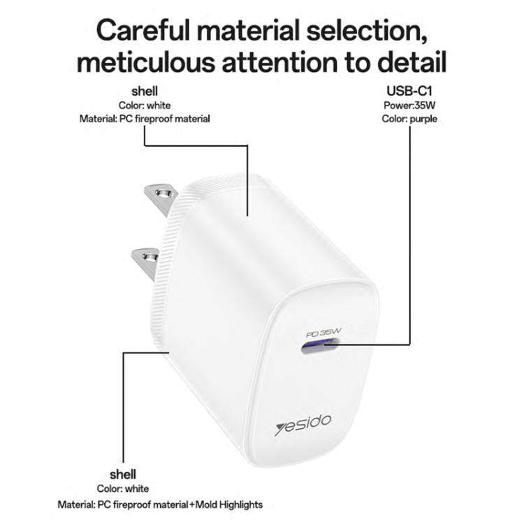 Yesido YC20U PD35W USB-C / Type-Cシングルポート急速充電器セット Type-CからType-Cケーブル付き、YC20U