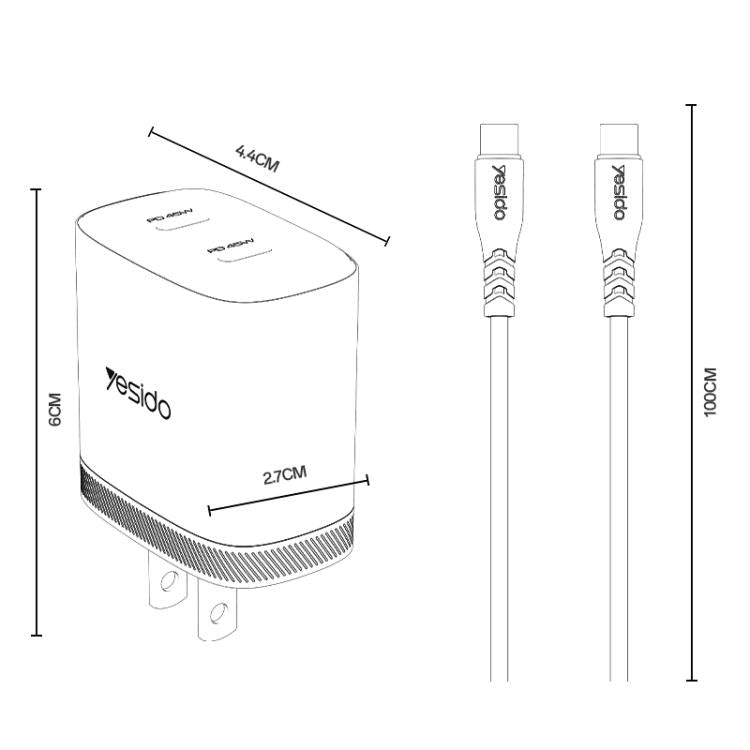 Yesido PD45W デュアルType-C急速充電キット Type-CからType-Cケーブル付き、USプラグ、EUプラグ、UKプラグ