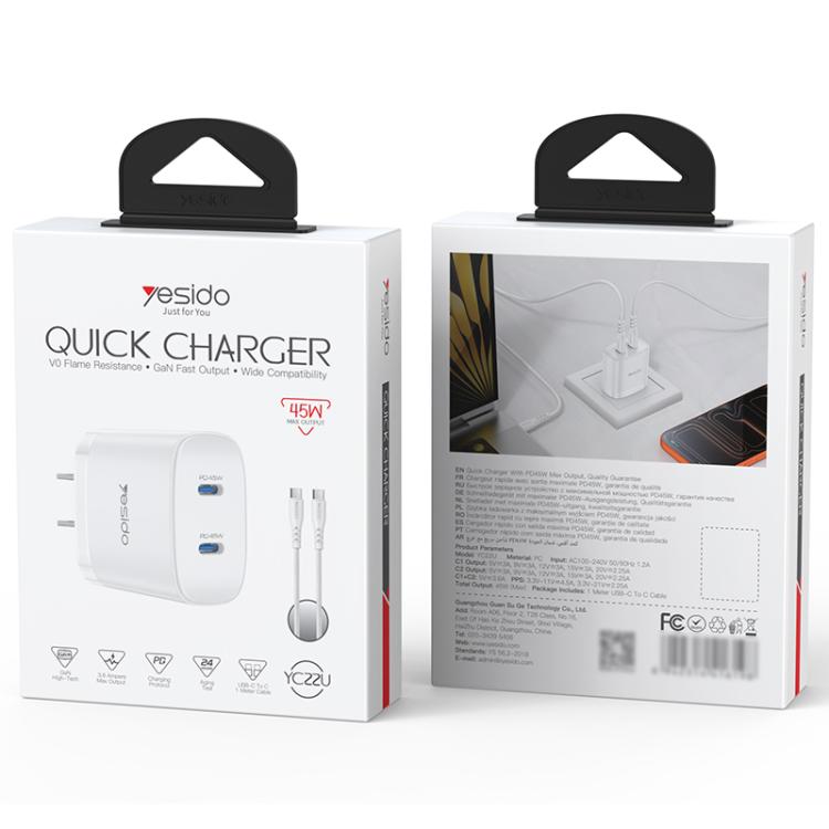 Yesido PD45W デュアルType-C急速充電キット Type-CからType-Cケーブル付き、USプラグ、EUプラグ、UKプラグ