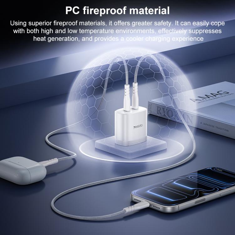 Yesido PD45W デュアルType-C急速充電キット Type-CからType-Cケーブル付き、USプラグ、EUプラグ、UKプラグ