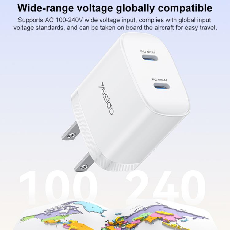 Yesido PD45W デュアルType-C急速充電キット Type-CからType-Cケーブル付き、USプラグ、EUプラグ、UKプラグ