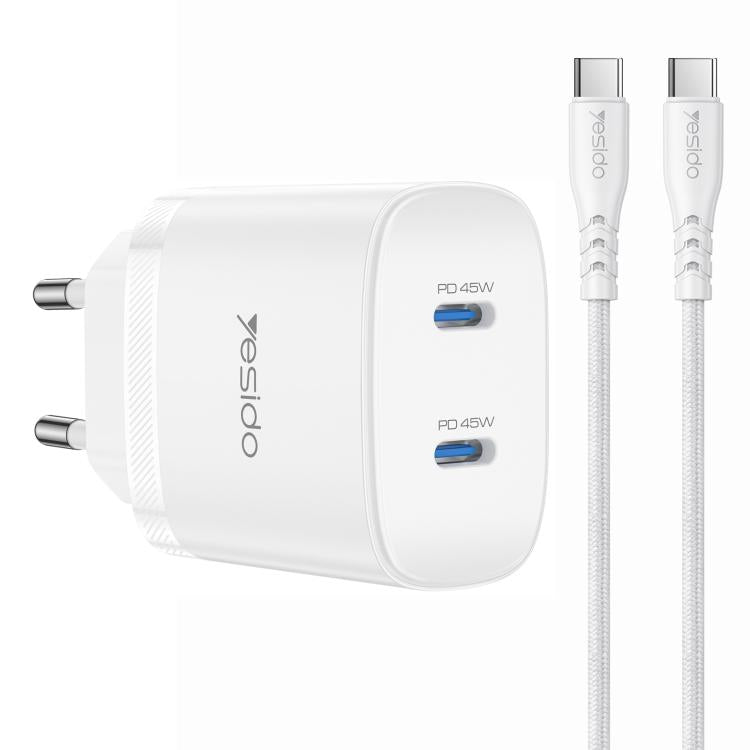 Yesido PD45W デュアルType-C急速充電キット Type-CからType-Cケーブル付き、USプラグ、EUプラグ、UKプラグ