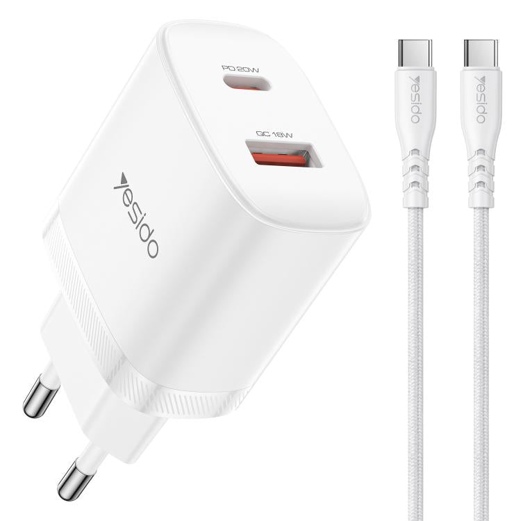 Yesido YC106 PD20W USB-C / Type-CとQC18W USB-Aデュアルポート充電器セット Type-CからType-Cケーブル付き、YC106