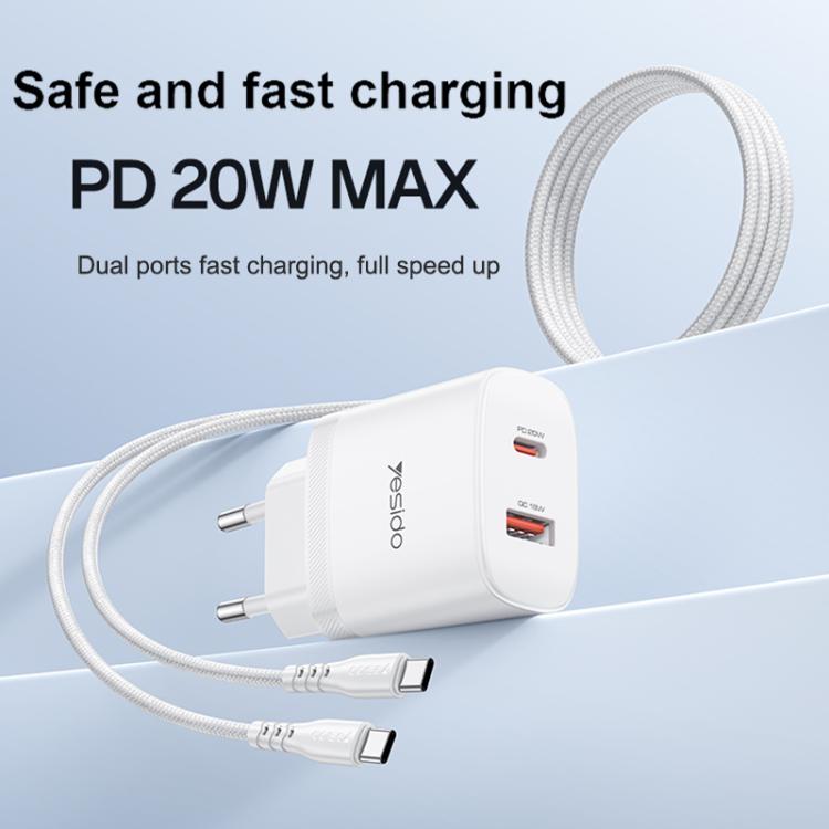 Yesido YC106 PD20W USB-C / Type-CとQC18W USB-Aデュアルポート充電器セット Type-CからType-Cケーブル付き、YC106