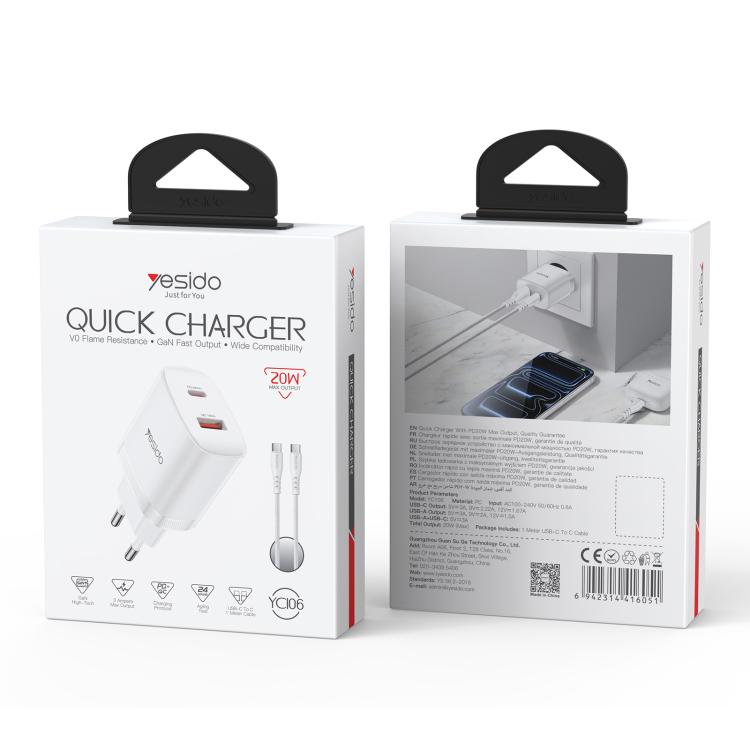 Yesido YC106 PD20W USB-C / Type-CとQC18W USB-Aデュアルポート充電器セット Type-CからType-Cケーブル付き、YC106