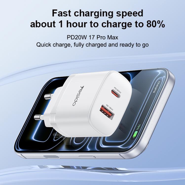 Yesido YC106 PD20W USB-C / Type-CとQC18W USB-Aデュアルポート充電器セット Type-CからType-Cケーブル付き、YC106