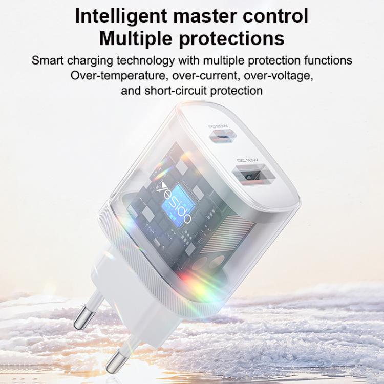 Yesido YC106 PD20W USB-C / Type-CとQC18W USB-Aデュアルポート充電器セット Type-CからType-Cケーブル付き、YC106