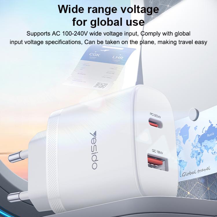 Yesido YC106 PD20W USB-C / Type-CとQC18W USB-Aデュアルポート充電器セット Type-CからType-Cケーブル付き、YC106