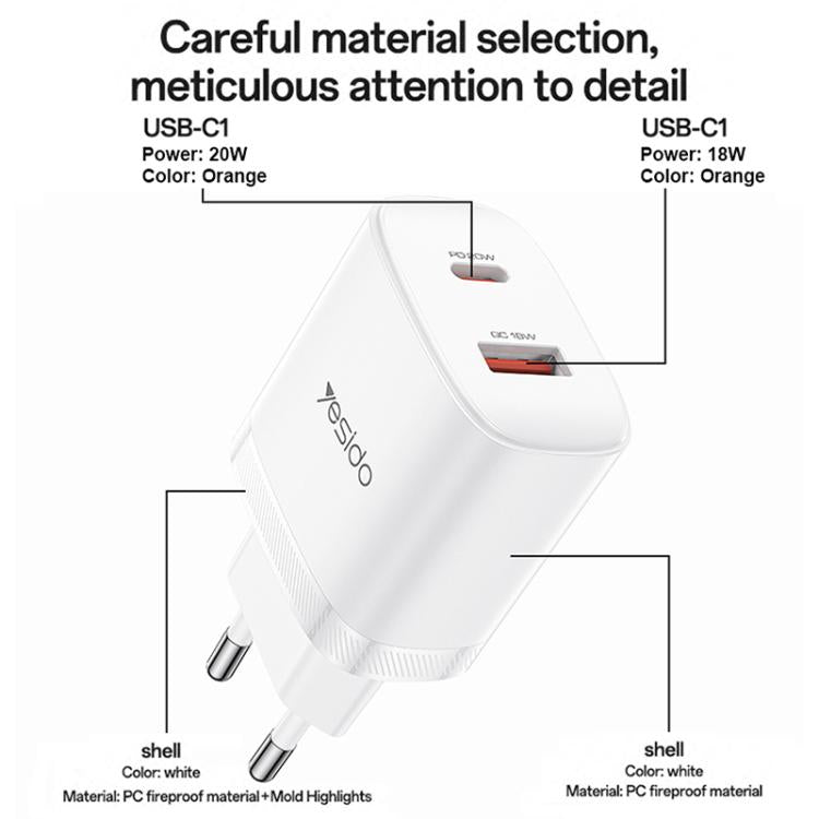 Yesido YC106 PD20W USB-C / Type-CとQC18W USB-Aデュアルポート充電器セット Type-CからType-Cケーブル付き、YC106