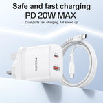 Yesido YC152 PD20W USB-C / Type-CとQC18W USB-Aデュアルポート充電器セット Type-CからType-Cケーブル付き、YC152
