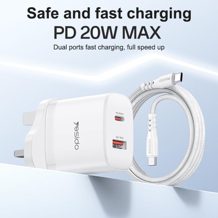 Yesido YC152 PD20W USB-C / Type-CとQC18W USB-Aデュアルポート充電器セット Type-CからType-Cケーブル付き、YC152