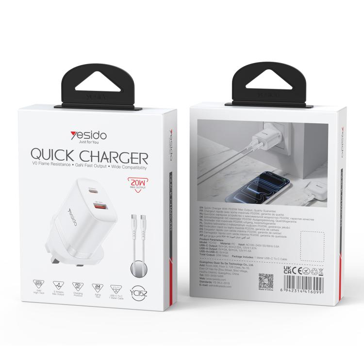 Yesido YC152 PD20W USB-C / Type-CとQC18W USB-Aデュアルポート充電器セット Type-CからType-Cケーブル付き、YC152