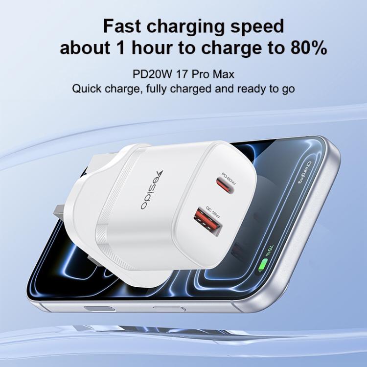 Yesido YC152 PD20W USB-C / Type-CとQC18W USB-Aデュアルポート充電器セット Type-CからType-Cケーブル付き、YC152