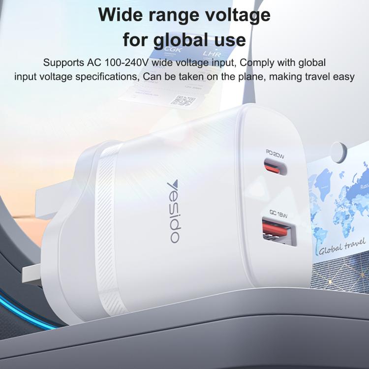 Yesido YC152 PD20W USB-C / Type-CとQC18W USB-Aデュアルポート充電器セット Type-CからType-Cケーブル付き、YC152