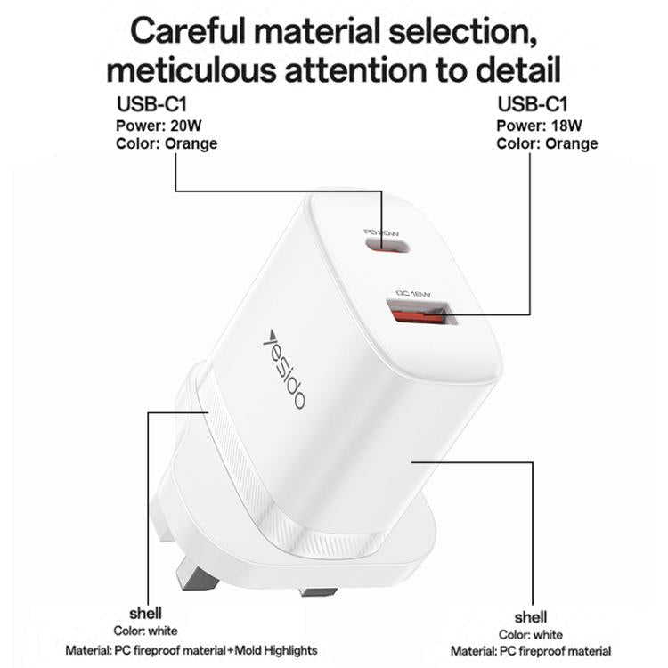 Yesido YC152 PD20W USB-C / Type-CとQC18W USB-Aデュアルポート充電器セット Type-CからType-Cケーブル付き、YC152