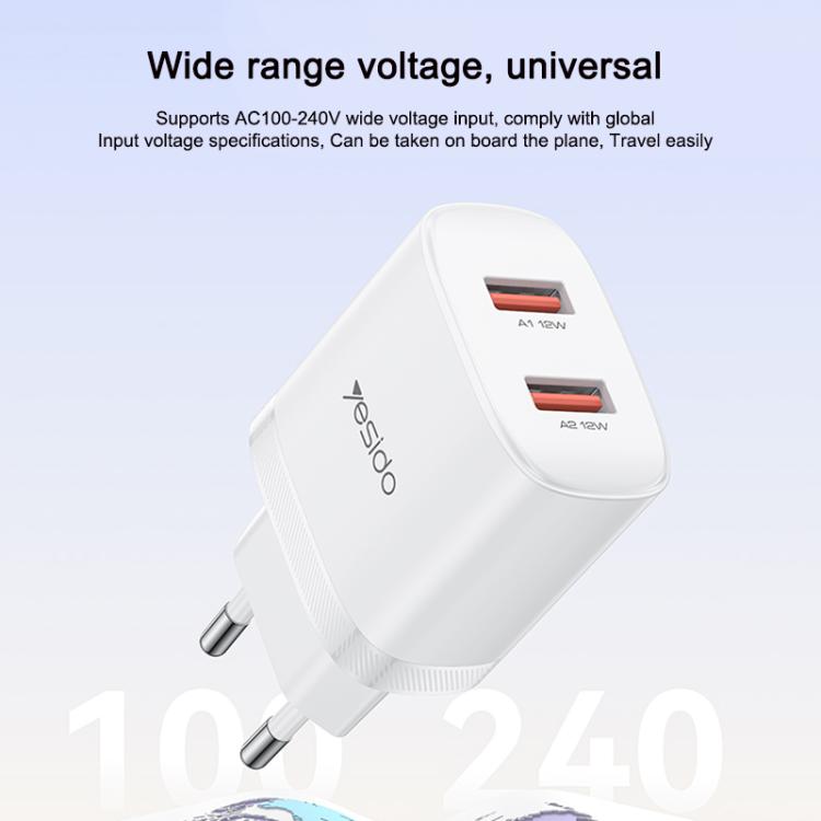 Yesido YC104 12W 2.4A USBデュアルポート充電器セット 1m USBからType-Cデータケーブル付き, YC104