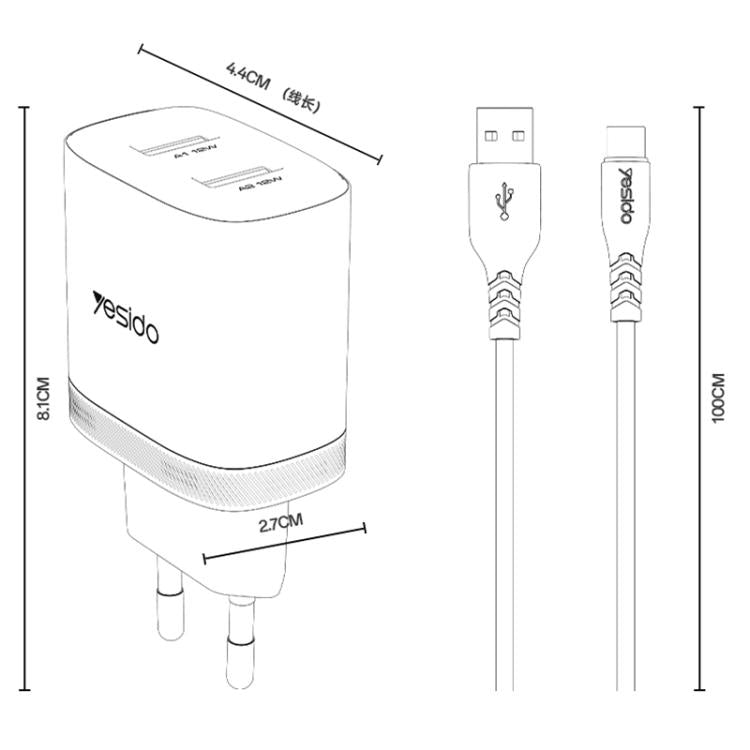 Yesido YC104 12W 2.4A USBデュアルポート充電器セット 1m USBからType-Cデータケーブル付き, YC104