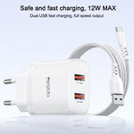 Yesido YC104 12W 2.4A USBデュアルポート充電器セット 1m USBからType-Cデータケーブル付き, YC104