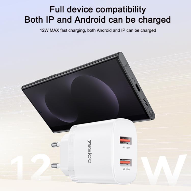 Yesido YC104 12W 2.4A USBデュアルポート充電器セット 1m USBからType-Cデータケーブル付き, YC104