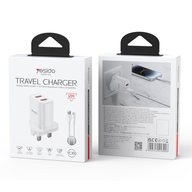 Yesido YC150 12W 2.4A USBデュアルポート充電器セット 1m USBからType-Cデータケーブル付き, YC150