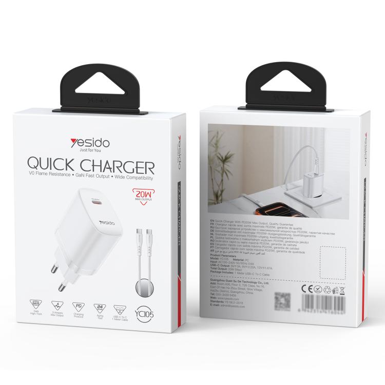 Yesido YC105 PD20W Type-C充電器セット 1m Type-CからType-Cデータケーブル付き, YC105