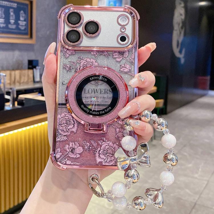 グラデーショングリッターフラワー電気めっきスマホケース リストストラップ付き、iPhone 17 Pro Max用、iPhone 17 Pro用、iPhone 17用、iPhone Air用、iPhone 16 Pro Max用、iPhone 16 Pro用、iPhone 16 Plus用、iPhone 16用、iPhone 15 Pro Max用