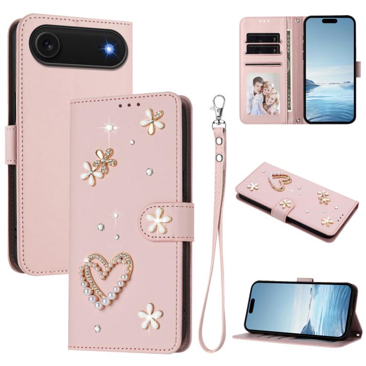 ZS01 二重層ハートフローラルヴィーガンレザー手首ストラップ付きスマホケース、iPhone 17e / 16e用、iPhone 17 Pro Max用、iPhone 17 Pro用、iPhone 17用、iPhone Air用、iPhone 16 Pro Max用