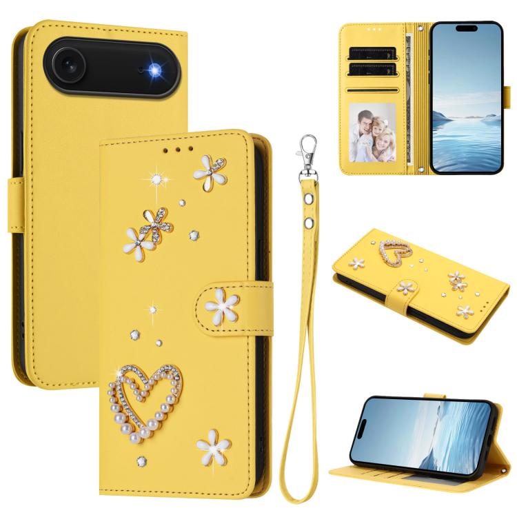 ZS01 二重層ハートフローラルヴィーガンレザー手首ストラップ付きスマホケース、iPhone 17e / 16e用、iPhone 17 Pro Max用、iPhone 17 Pro用、iPhone 17用、iPhone Air用、iPhone 16 Pro Max用