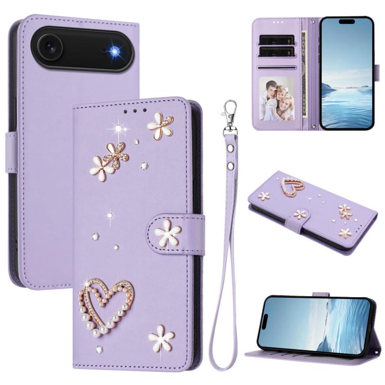 ZS01 二重層ハートフローラルヴィーガンレザー手首ストラップ付きスマホケース、iPhone 17e / 16e用、iPhone 17 Pro Max用、iPhone 17 Pro用、iPhone 17用、iPhone Air用、iPhone 16 Pro Max用