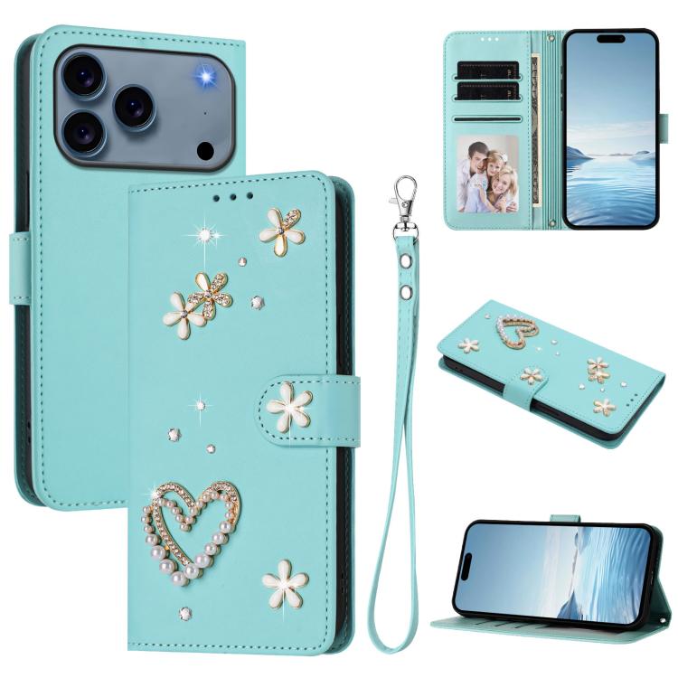 ZS01 二重層ハートフローラルヴィーガンレザー手首ストラップ付きスマホケース、iPhone 17e / 16e用、iPhone 17 Pro Max用、iPhone 17 Pro用、iPhone 17用、iPhone Air用、iPhone 16 Pro Max用